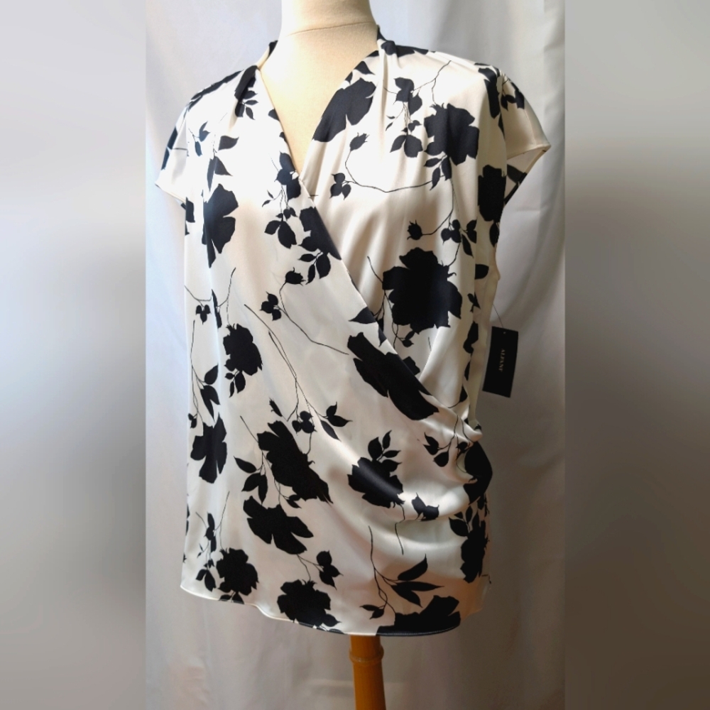 Sale price Alfani Surplice Neckline Satin-Like Black & White Blouse Top NWT